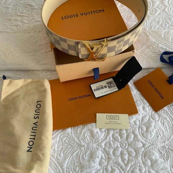 Louis Vuitton Damier Azur Canvas Belt With A Gold Tone Buckle Reversible - Picture 5 of 11